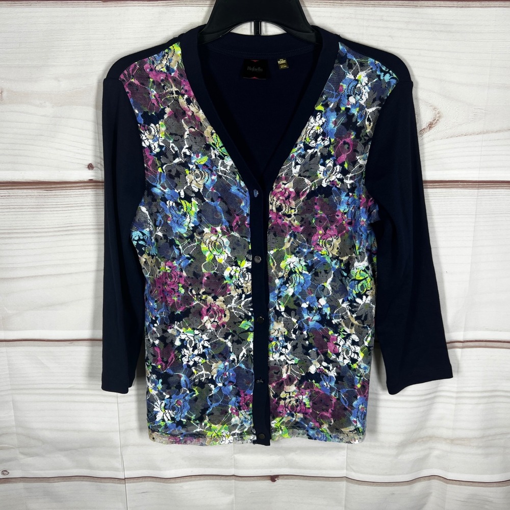 Rafaella Floral Lace Cardigan Womens PS Navy Multicolor Floral 3/4 Sleeve Office